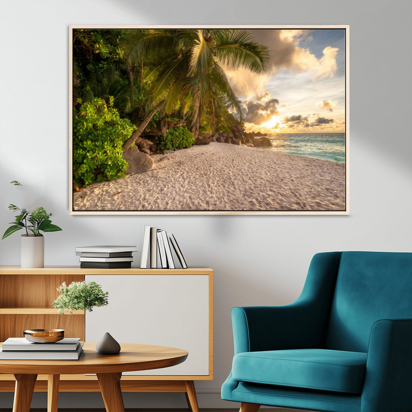 89531159-MGV-FC-36X24_Natural-Tropical beach sunset, palm trees, white sand, ocean waves, golden sky, serene landscape, nature beauty, tranquil shore, Wall Art Canvas Print