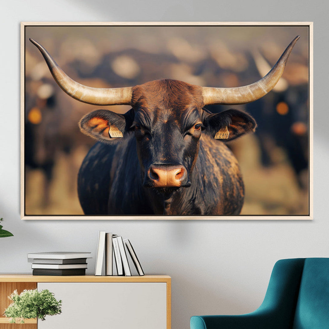 Majestic Bull Wall Art Canvas Print, Close Up with Long Curved Horns in Warm Sunlight