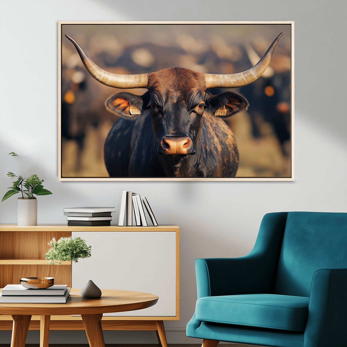 35515971-MGV-FC-36X24_Natural-Majestic bull head close-up, long curved horns, detailed fur texture, warm sunlight, focused gaze, Wall Art Canvas Print