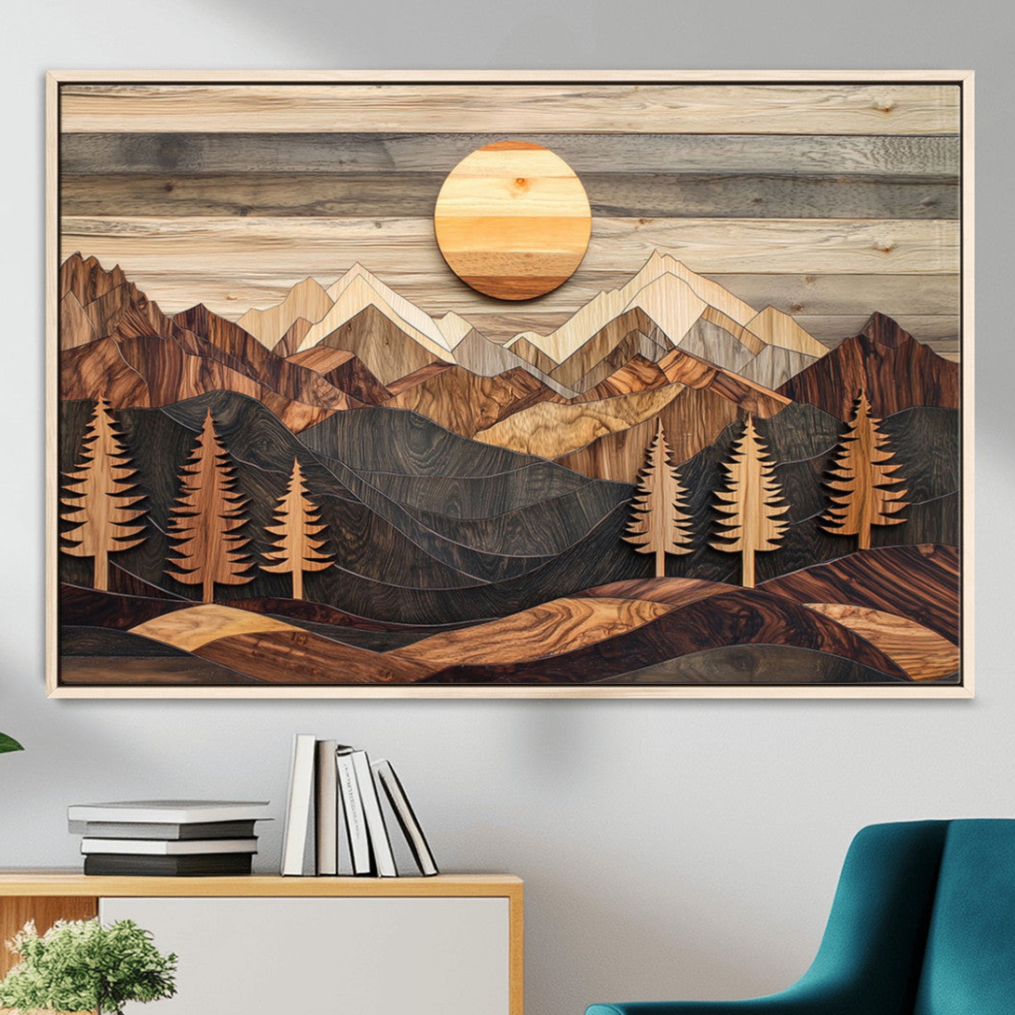 19832326-MGV-CV-36X24-Wooden mountain landscape layered texture geometric shapes sun pine trees rustic natural tones Wall