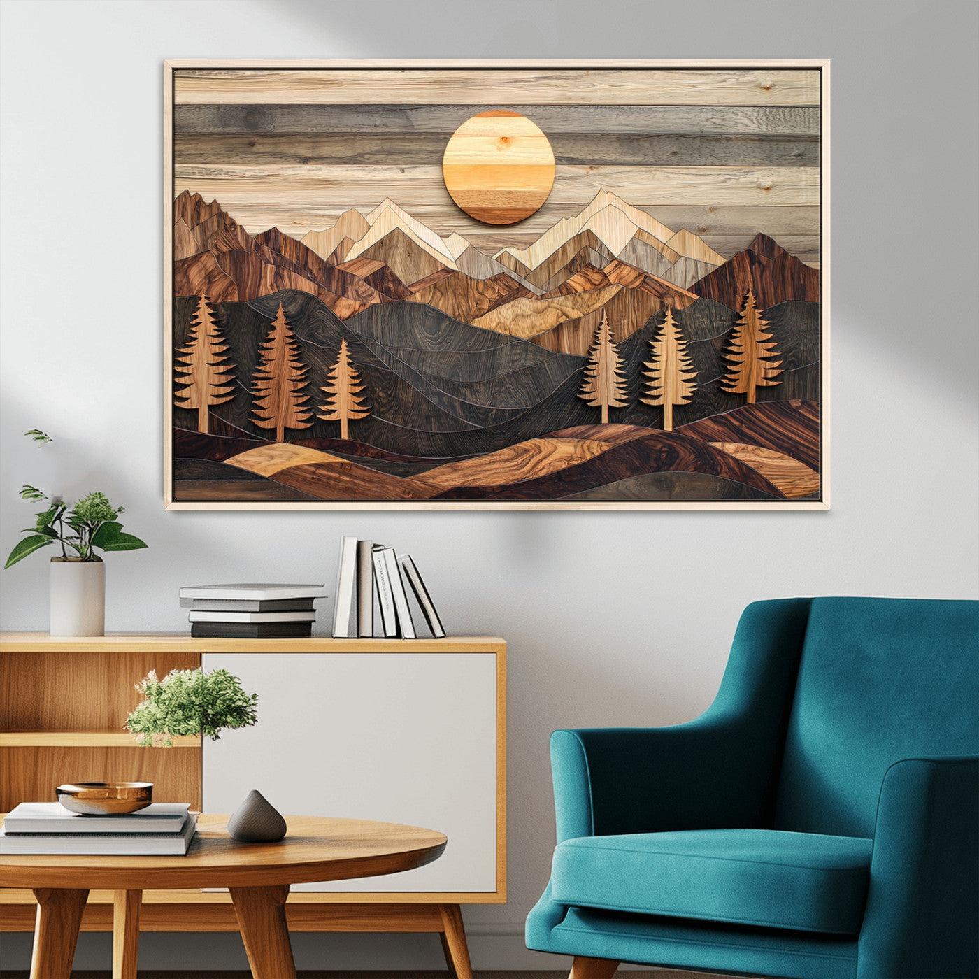 MGV-FC-36X24 - Wooden Mountain Layers Canvas Wall Art – Rustic Pine Tree Landscape with Sunlight Artistic Nature