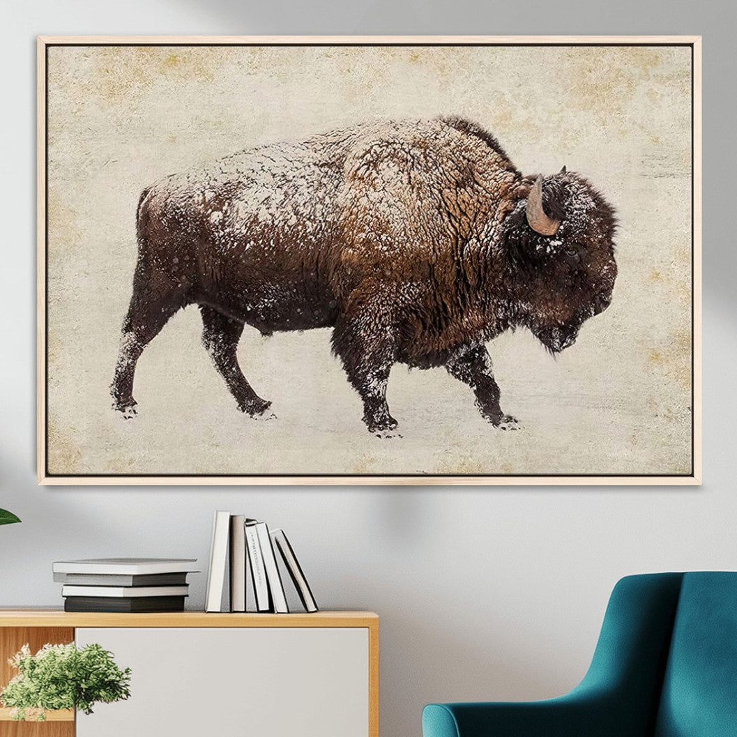 -Snow-dusted bison silhouette textured vintage style rugged wildlife art with neutral tones perfect