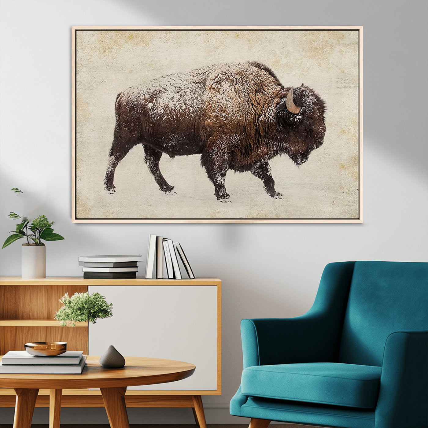 54810031-MGV-FC-36X24_Natural-Snow-dusted bison silhouette textured vintage style rugged wildlife art with neutral tones perfect for rustic home decor Wall Art Canvas Print design