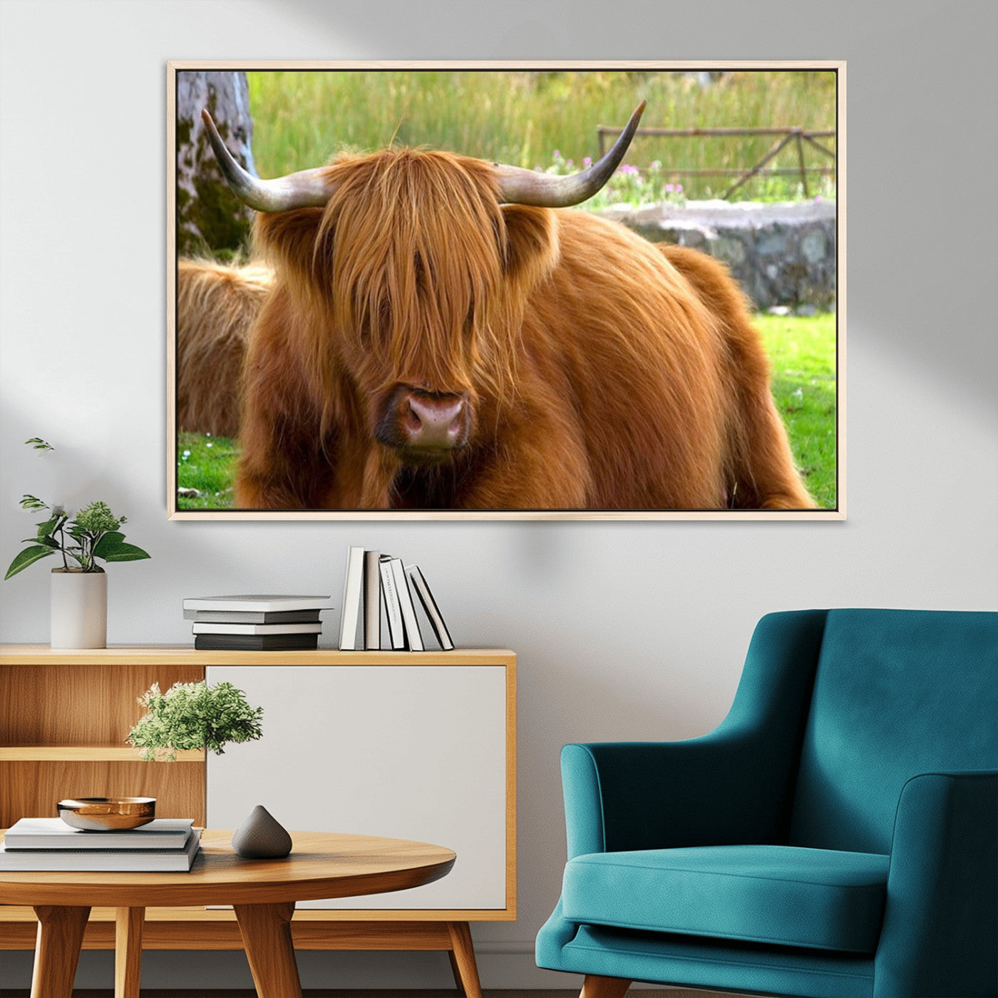 68411138-MGV-FC-36X24_Natural-Highland Cow Long Hair Rustic Farm Animal Horns Green Pasture Natural Beauty Outdoor Wall Art Canvas Print