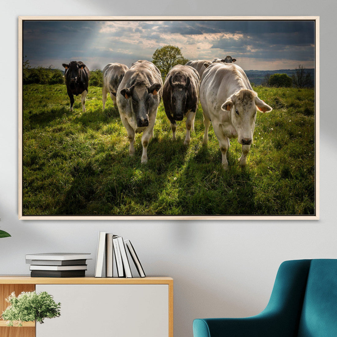 Grazing Cattle Herd Wall Art, Green Pasture Livestock Canvas Print, Rural Farm Decor