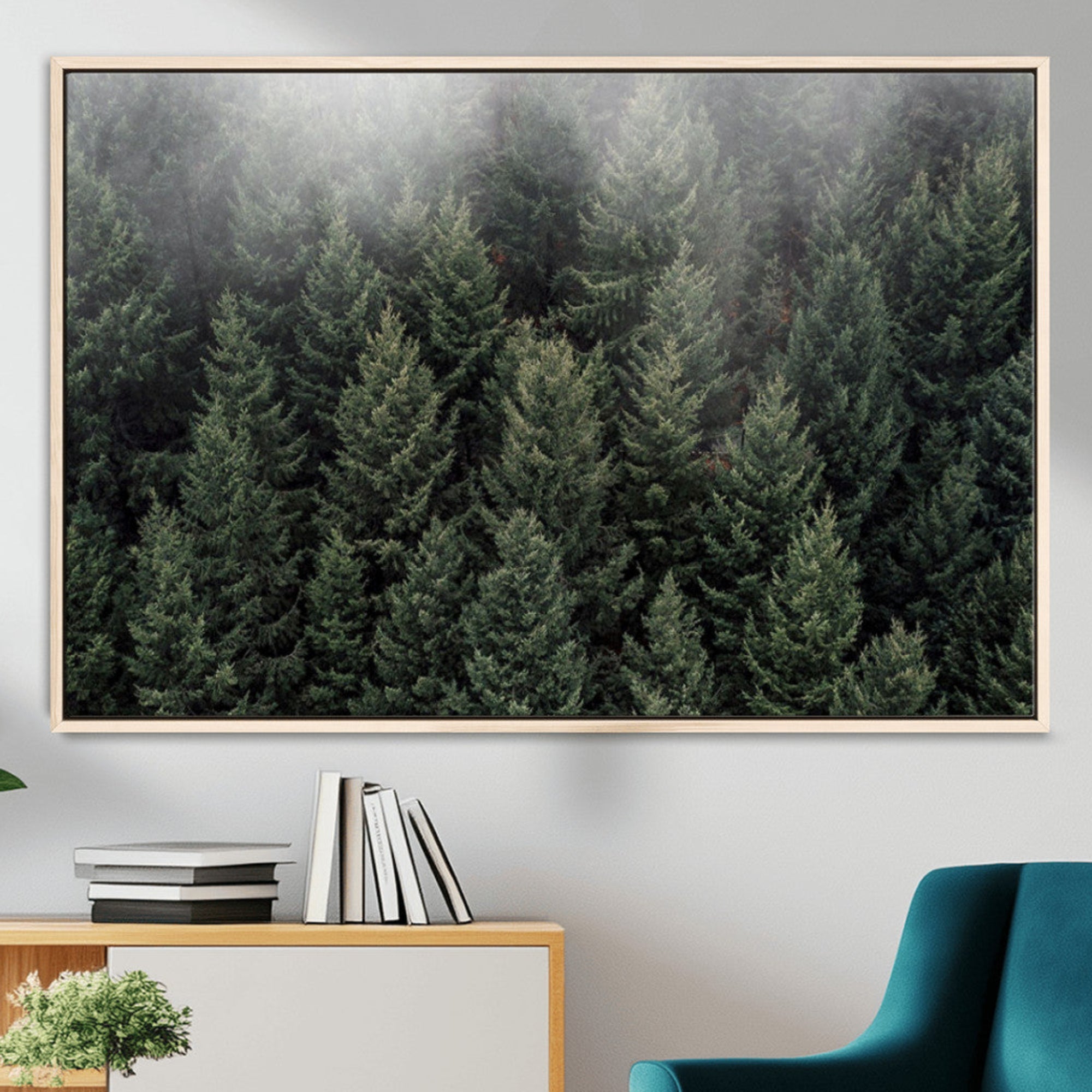 84059409-MGV-CV-36X24-Dense Evergreen Forest Misty Morning Fog Pine Trees Woodland Nature Landscape Calm Peaceful Scenic