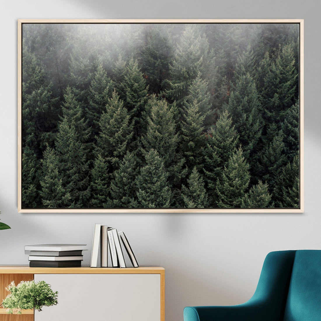 Misty Pine Forest Wall Art Canvas Print, Lush Green Trees Surrounded by Gentle Fog
