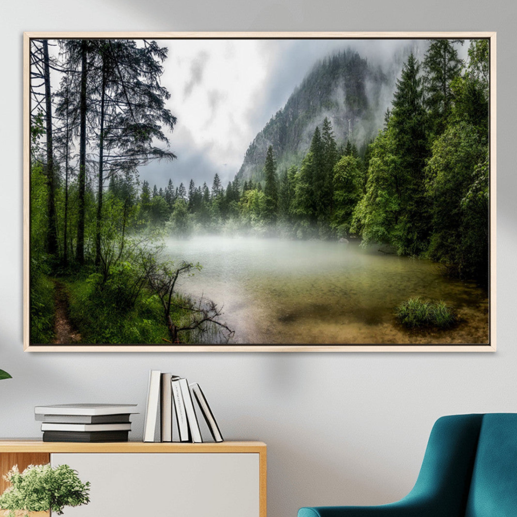 93123937-MGV-CV-36X24-Misty Lake Forest Green Trees Calm Water Reflection Mountain Fog Nature Landscape Outdoor Scenic