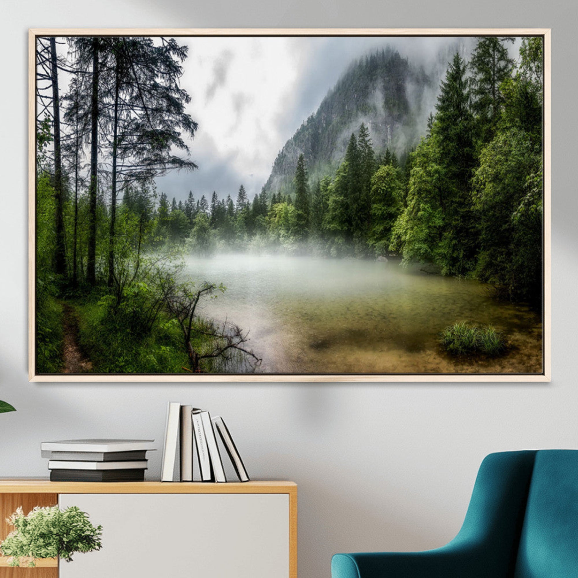 93123937-MGV-FC-36X24_Natural-Misty Lake Forest Green Trees Calm Water Reflection Mountain Fog Nature Landscape Outdoor Scenic