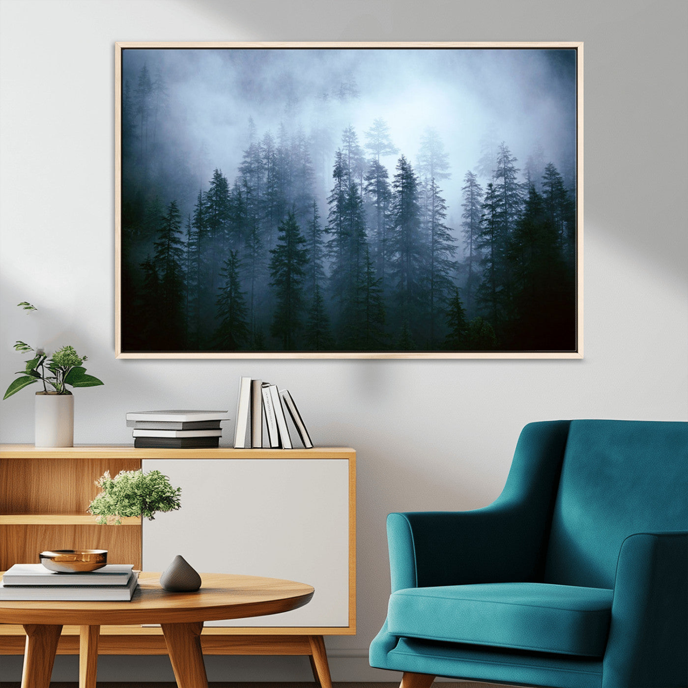 93439624-MGV-FC-36X24_Natural-Foggy Evergreen Pines Mist Forest Blue Haze Moody Atmospheric Wilderness Nature Trees Scenic Tranquil Peaceful Landscape Wall Art Canvas Print