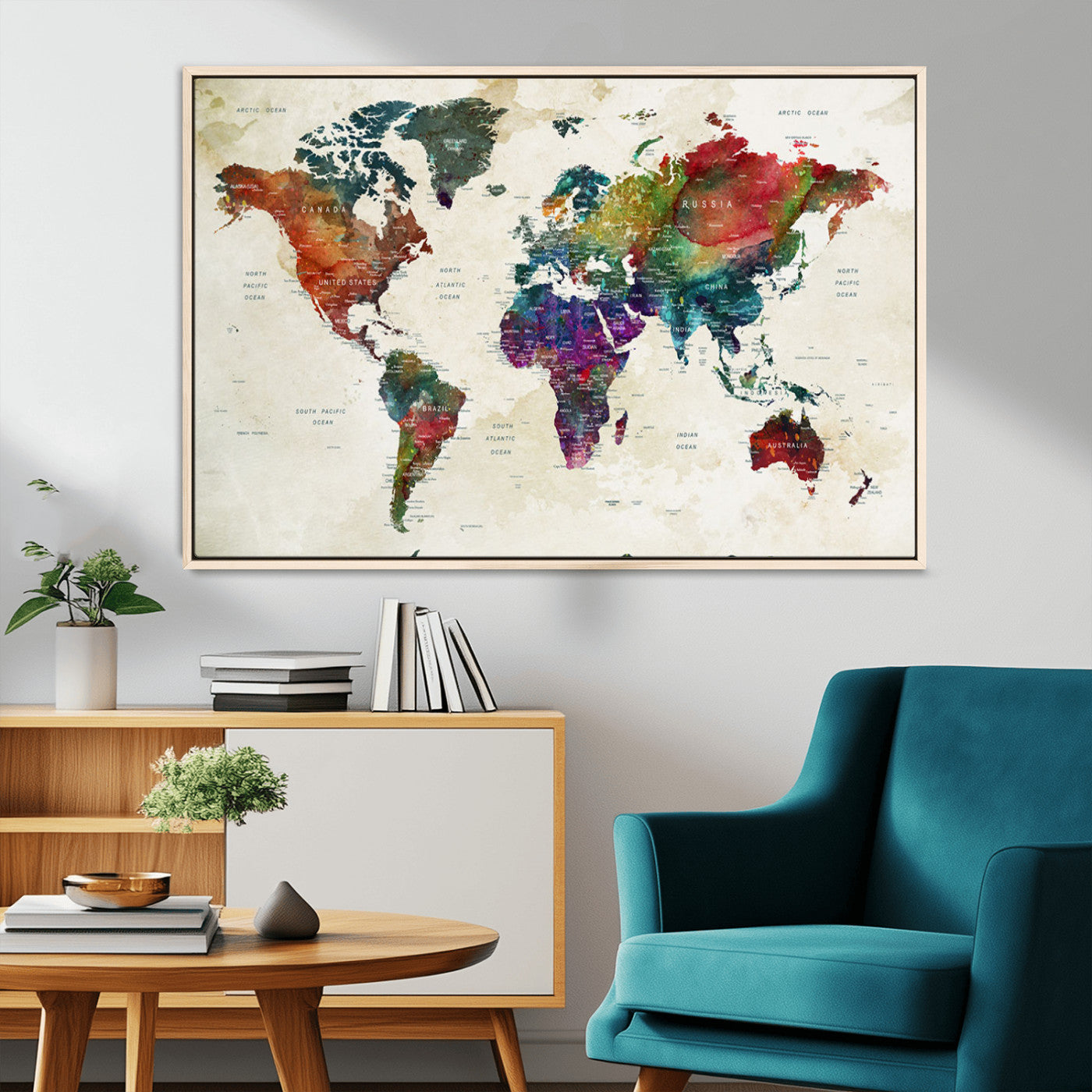 Colorful watercolor world map with countries labeled, featuring rich, vibrant hues across continents on a vintage beige background, Wall Art Canvas Print style.