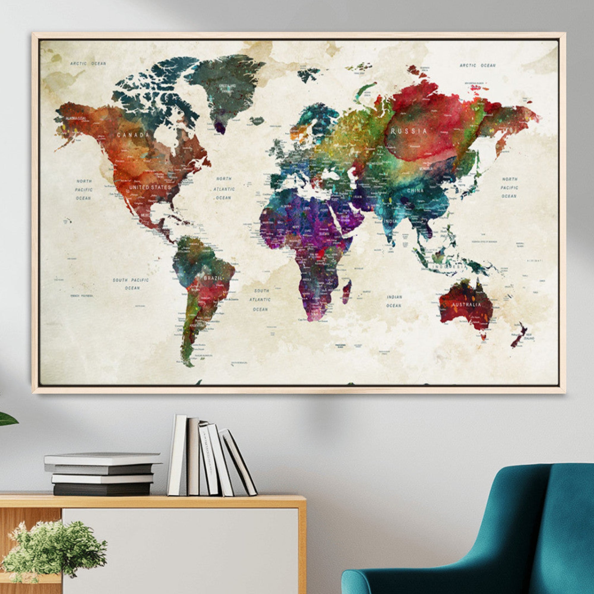 27689508-MGV-FC-36X24_Natural-Vibrant Watercolor World Map Wall Art Canvas Print – Stunning Multicolor Globe Decor for Home or Office