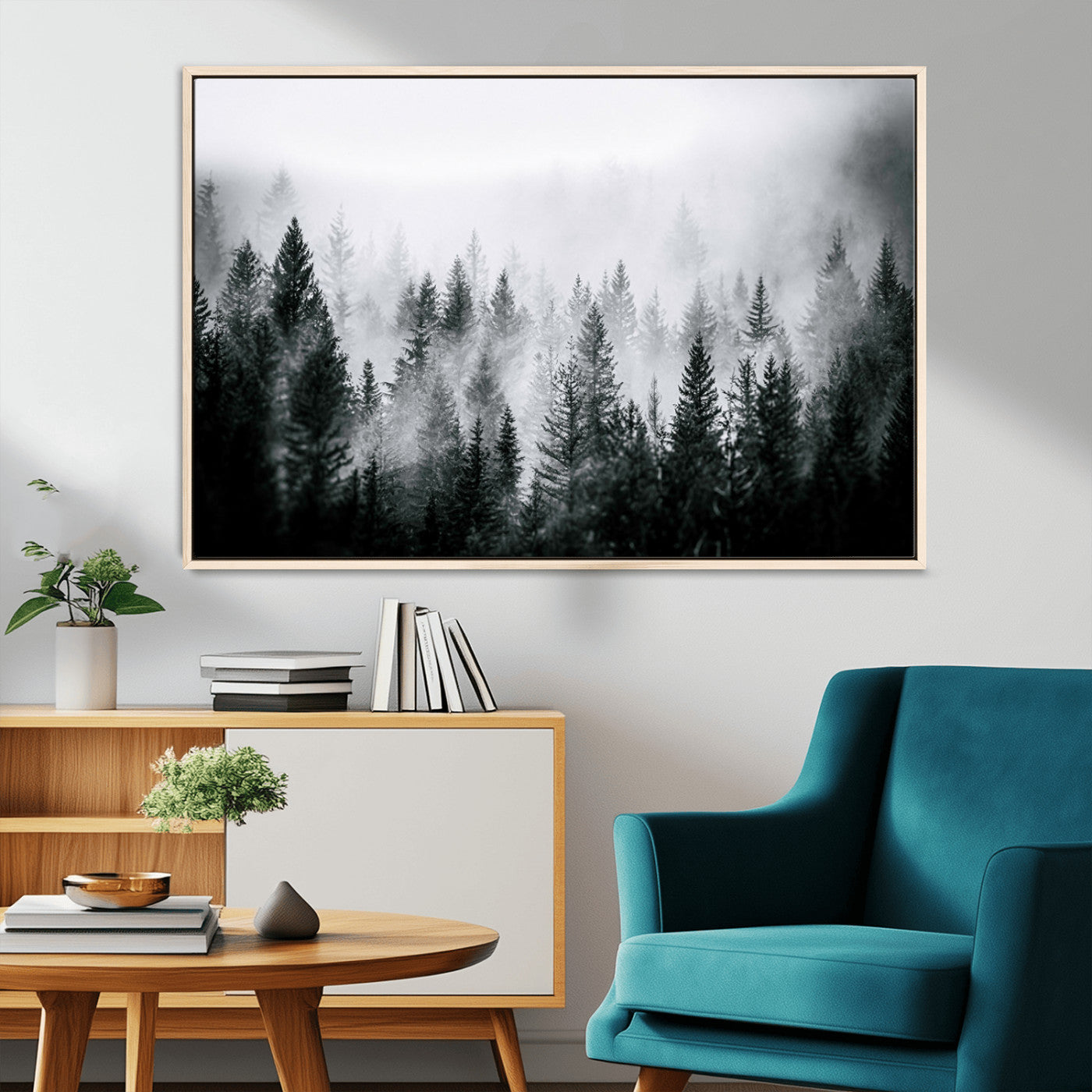 Horizontal black and white canvas wall art of foggy pine forest landscape for modern and rustic home decor