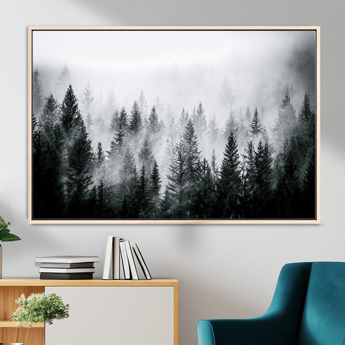 MGV-FC-36X24 - Foggy Pine Forest Canvas Wall Art, Horizontal Black and White Nature Landscape Print for Modern Home Decor