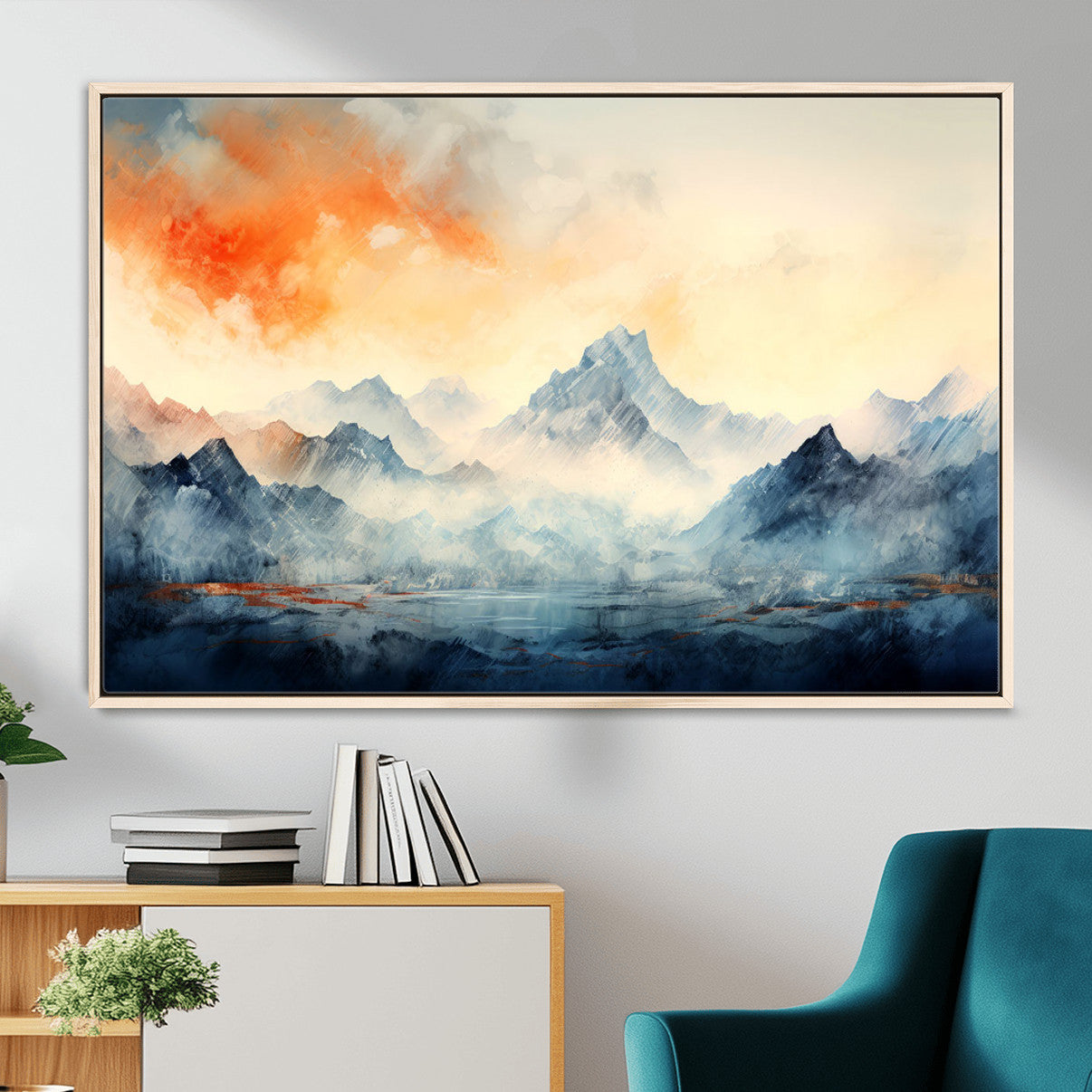 WRM1005-MGV-FC-36X24 - Warm Clouds Abstract Mountain Wall Art, Modern Landscape Canvas Print, Minimal Framed Artwork for Home, Office