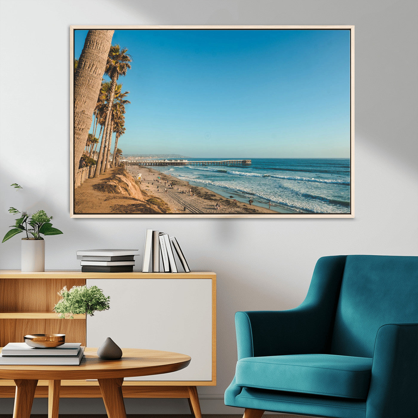 MGV-FC-36X24 - Scenic Beach with Tall Palm Trees, Sandy Shore, and Long Pier Stretching into the Calm Ocean Under