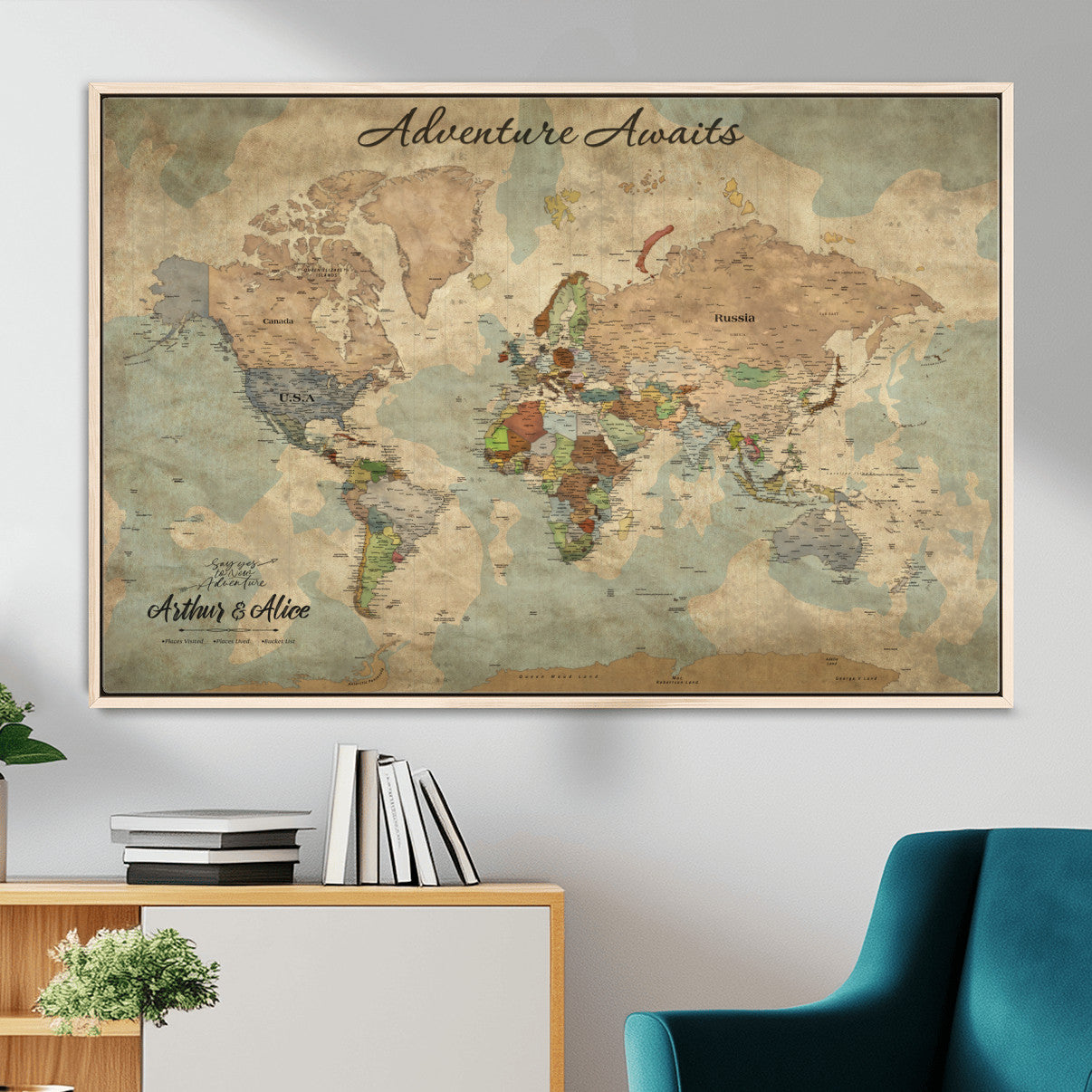 MGV-FC-36X24 - Personalized World Map Wall Art Canvas Print – Custom Push Pin Travel Map for Couples, Families, or Office Décor