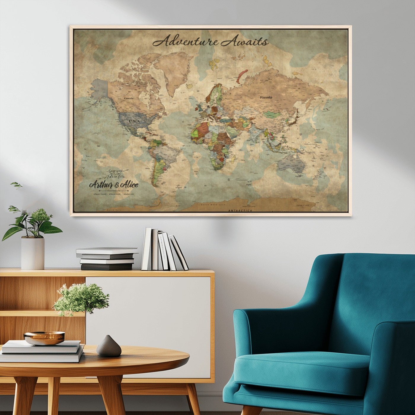 MGV-FC-36X24 - Personalized World Map Wall Art Canvas Print – Custom Push Pin Travel Map for Couples, Families, or Office Décor