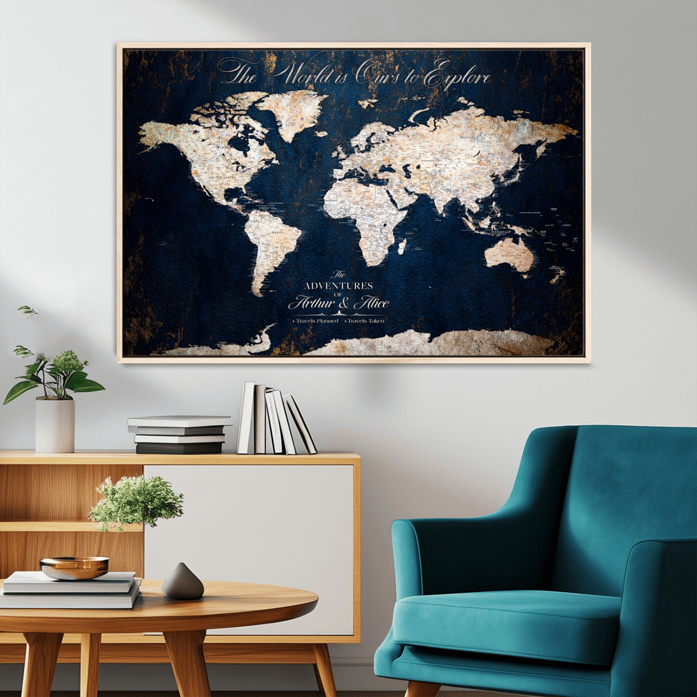 MGV-FC-36X24 - Personalized World Map Wall Art Canvas Print – Custom Push Pin Travel Map for Couples, Families, or Office Décor