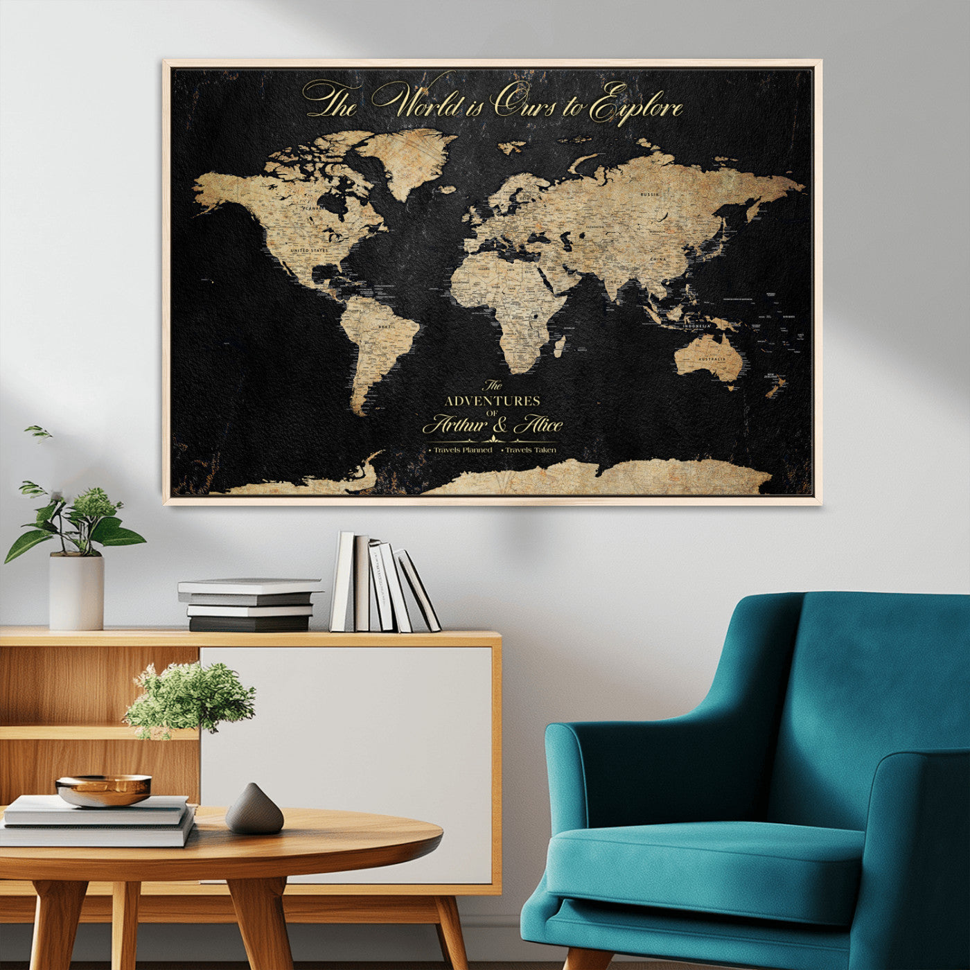 MGV-FC-36X24 - Personalized World Map Wall Art Canvas Print – Custom Push Pin Travel Map for Couples, Families, or Office Décor