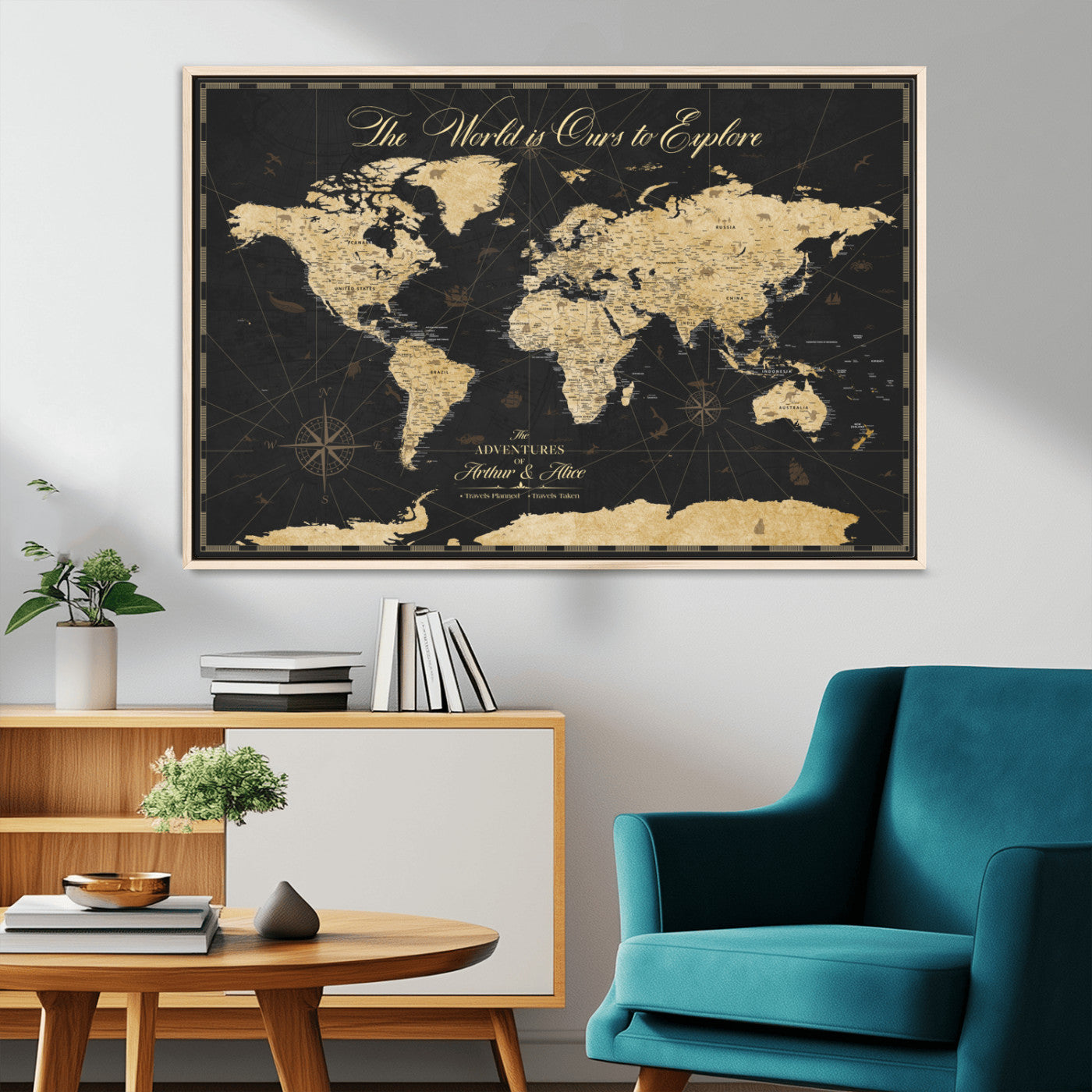 MGV-FC-36X24 - Personalized World Map Wall Art Canvas Print – Custom Push Pin Travel Map for Couples, Families, or Office Décor