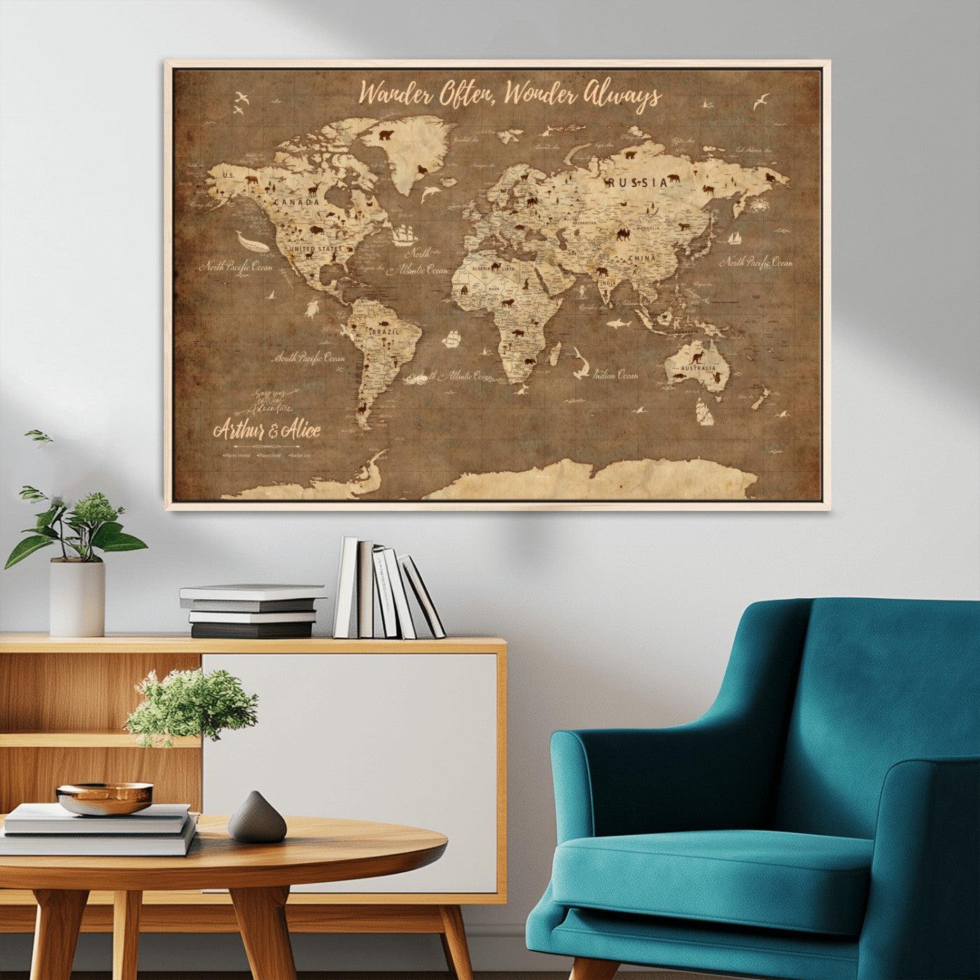 MGV-FC-36X24 - Personalized World Map Wall Art Canvas Print – Custom Push Pin Travel Map for Couples, Families, or Office Décor