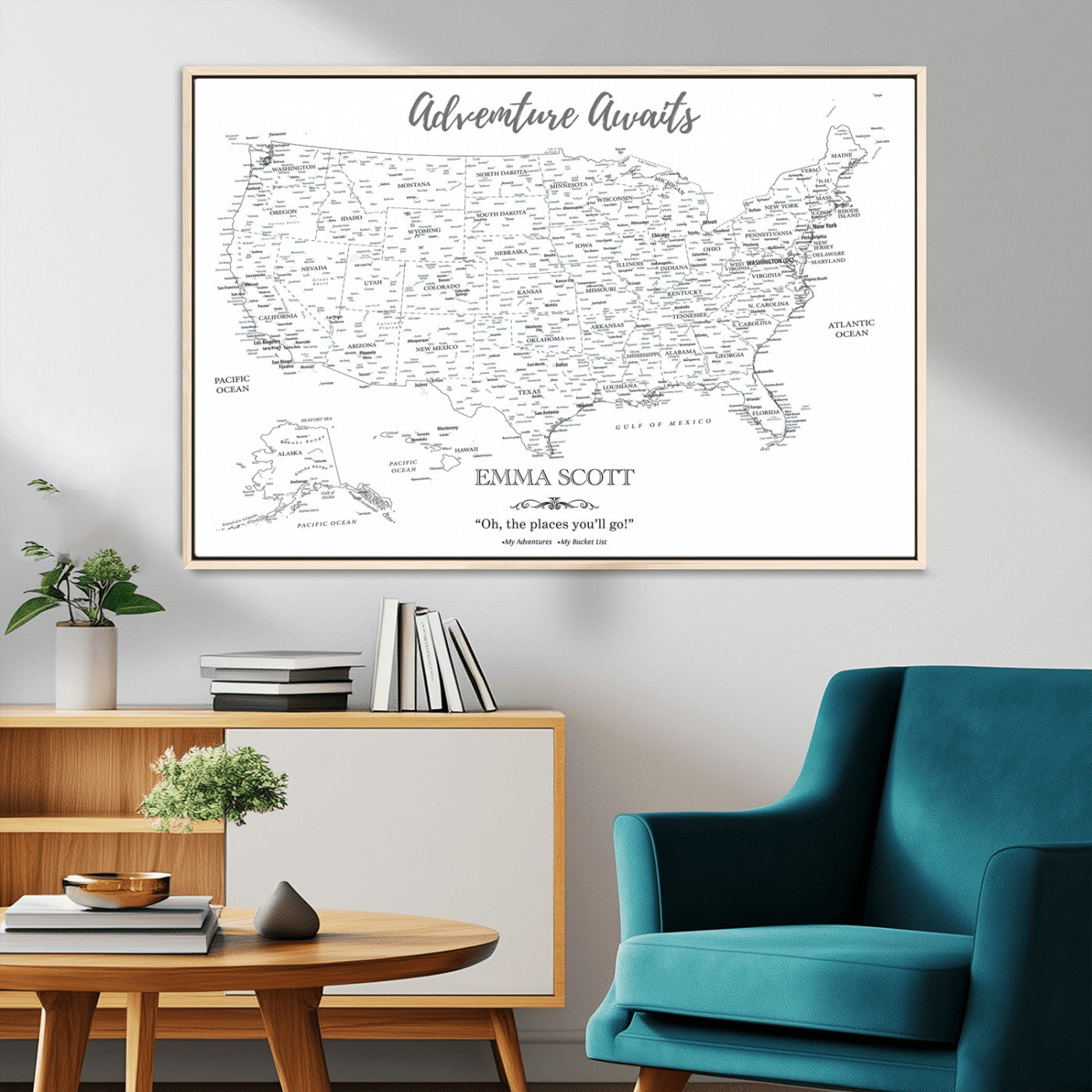MGV-FC-36X24 - Personalized US Map Wall Art Canvas Print – Custom Push Pin Travel United States US Map for Couples, Families, or Office Décor
