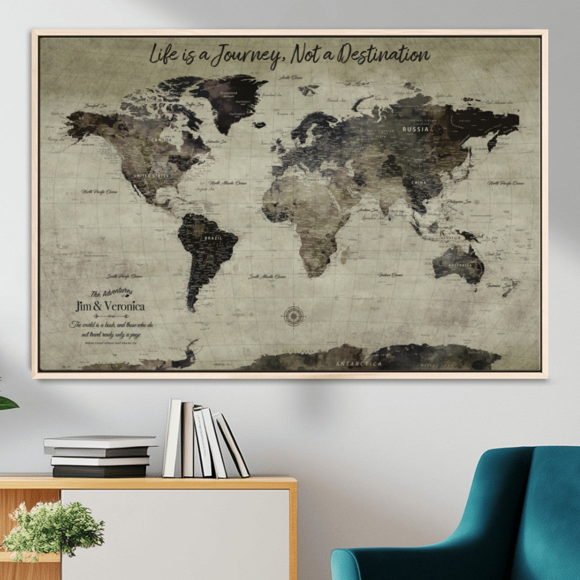 MGV-FC-36X24 - Personalized World Map Wall Art Canvas Print – Custom Push Pin Travel Map for Couples, Families, or Office Décor