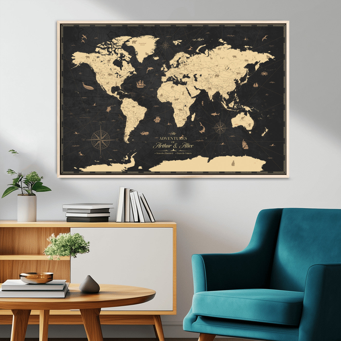 MGV-FC-36X24 - Personalized World Map Wall Art Canvas Print – Custom Push Pin Travel Map for Couples, Families, or Office Décor