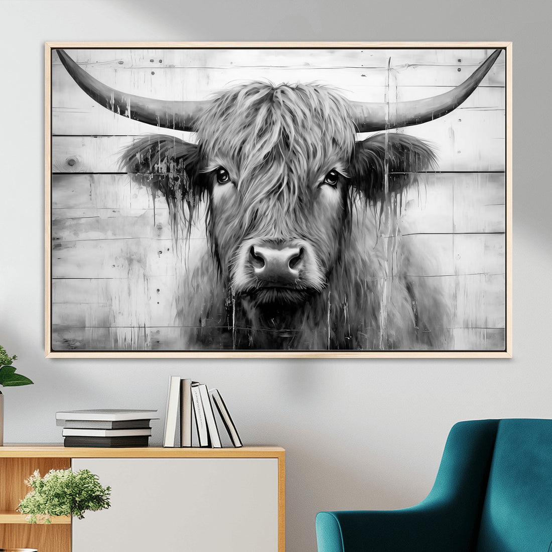 Black White Highland Cow Wall Art Canvas Print