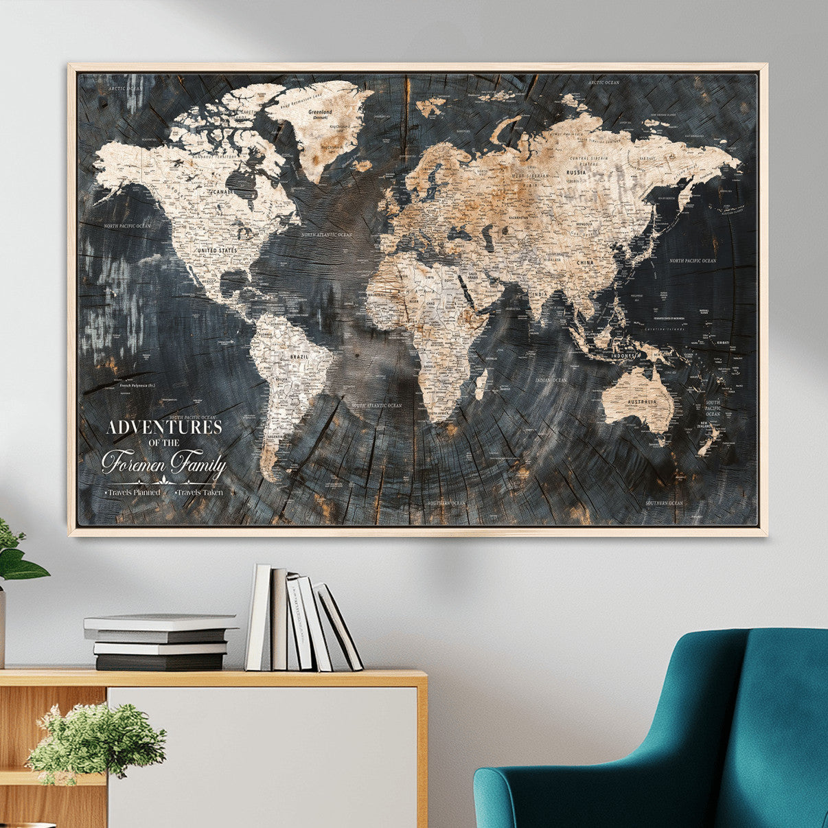 58265369-MGV-FC-36X24 - Customized Push Pin World Map Wall Art Canvas Print with Pins, Personalized Travel Tracker Map, Framed World Map for Living Room, Office and Home Decor