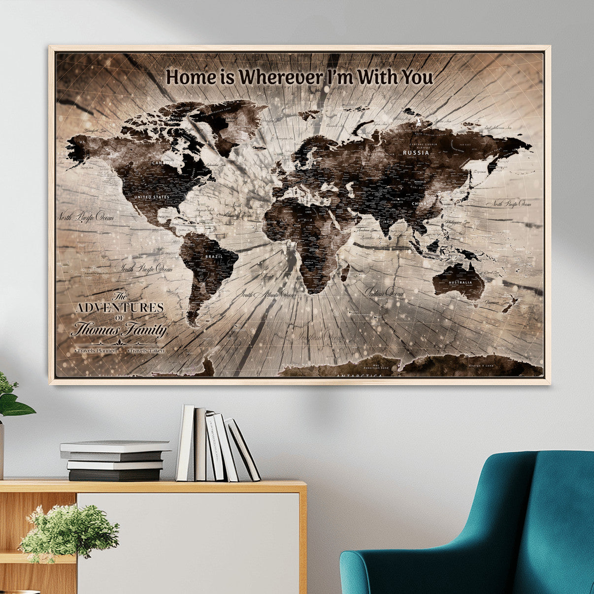 72371980-MGV-FC-36X24 - Personalized World Map Wall Art – Customizable Push Pin Framed Canvas Print Unique Travel Decor for Home, Office