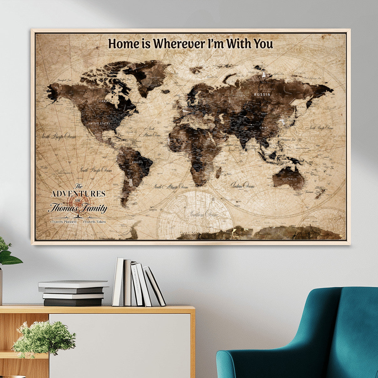 31398786-MGV-FC-36X24 - Personalized World Map Wall Art – Custom Framed Push Pin Travel Tracker Canvas Print Unique Gift for Home, Office