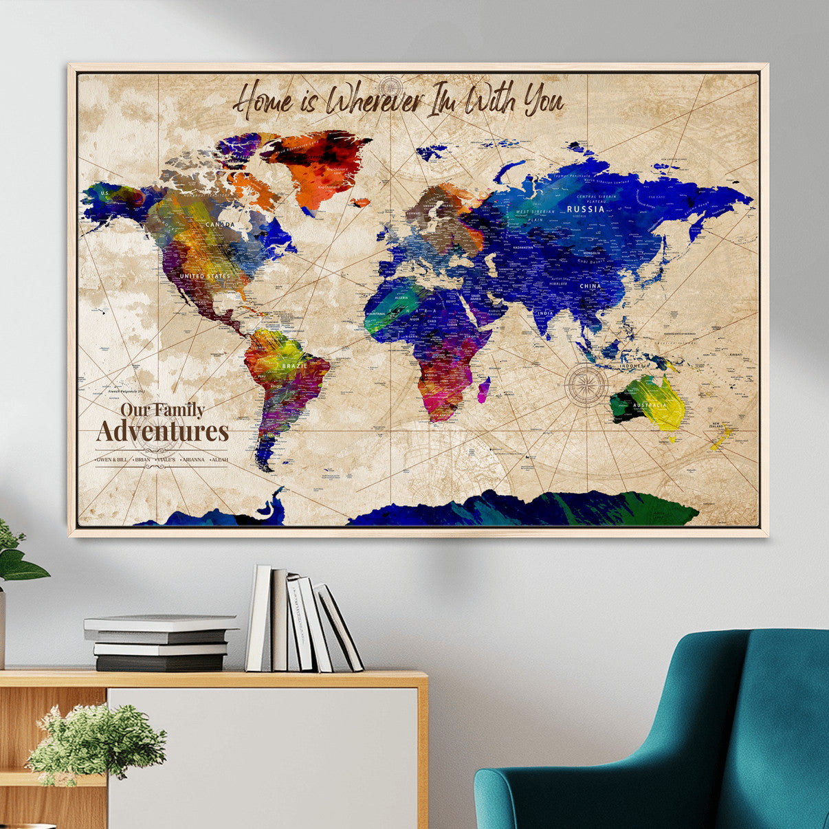 42795268-MGV-FC-36X24 - Personalized Push Pin World Map Canvas Print – Custom Adventure Travel Map, Framed Wall Art Gift for Couples or Family