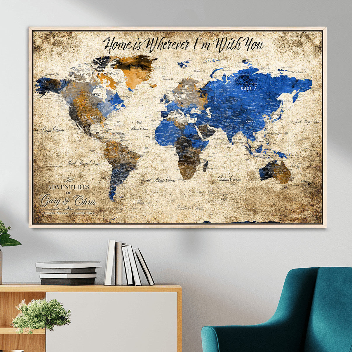 20854758-MGV-FC-36X24 - Personalized Push Pin World Map Canvas Print – Custom Framed Travel Tracker Artwork with Pins for Home and Office Decor