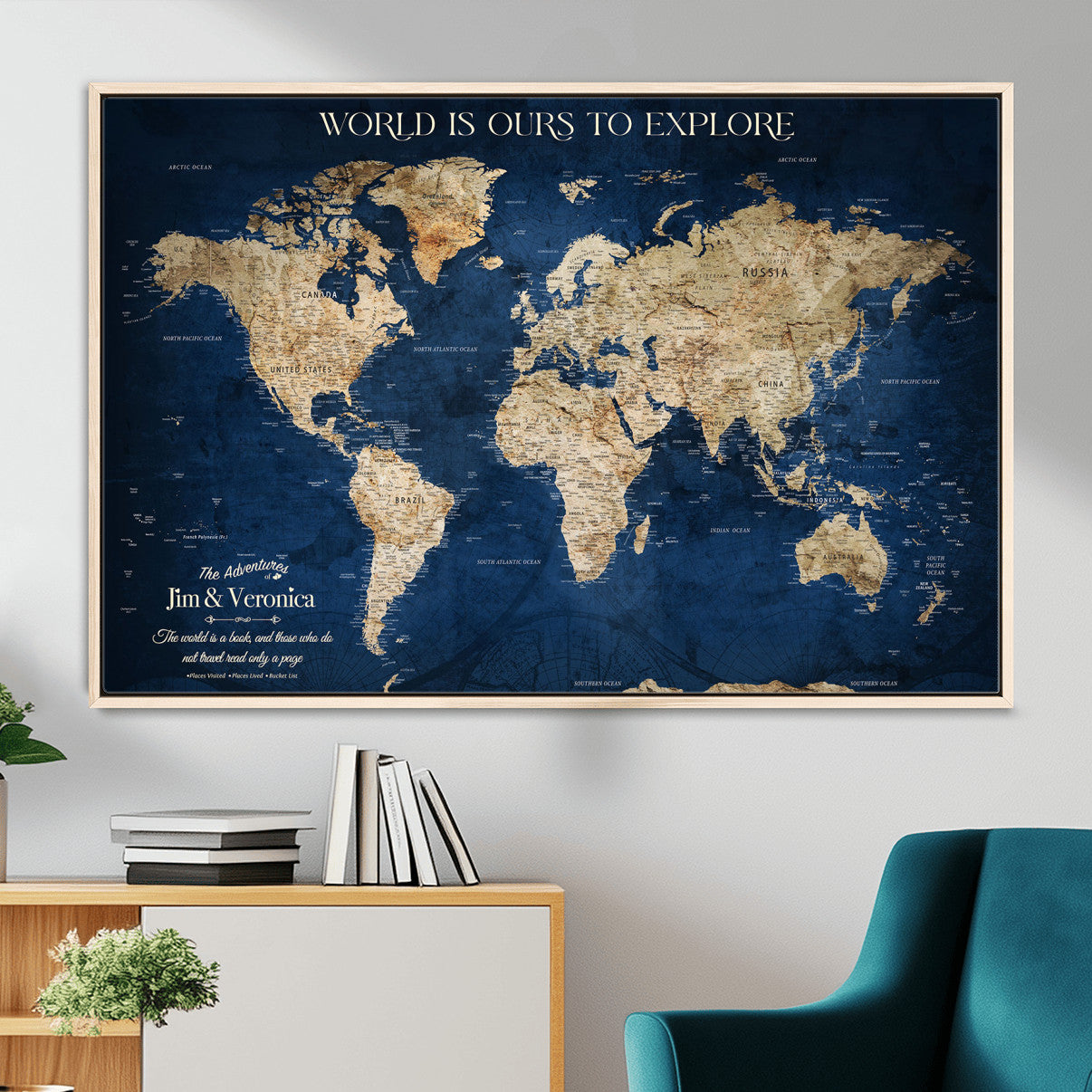 33364828-MGV-FC-36X24 - Personalized World Map Wall Art – Custom Framed Push Pin Travel Tracker Canvas Print Unique Gift for Home, Office