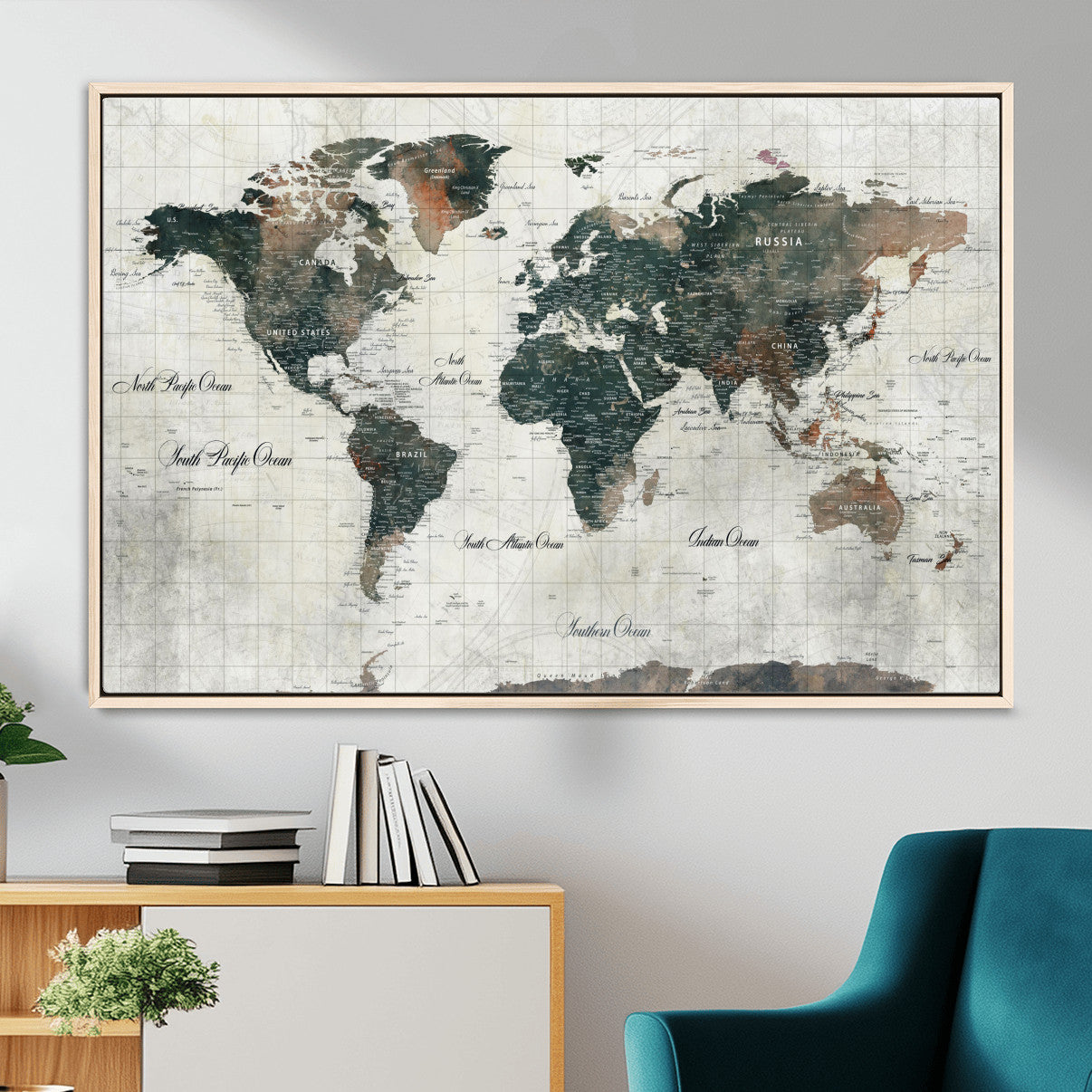 90149079-MGV-FC-36X24 - World Map Wall Art Canvas Print, Modern Decorative Framed Map Artwork Prints for Living Room, Office, Bedroom Wall Decor