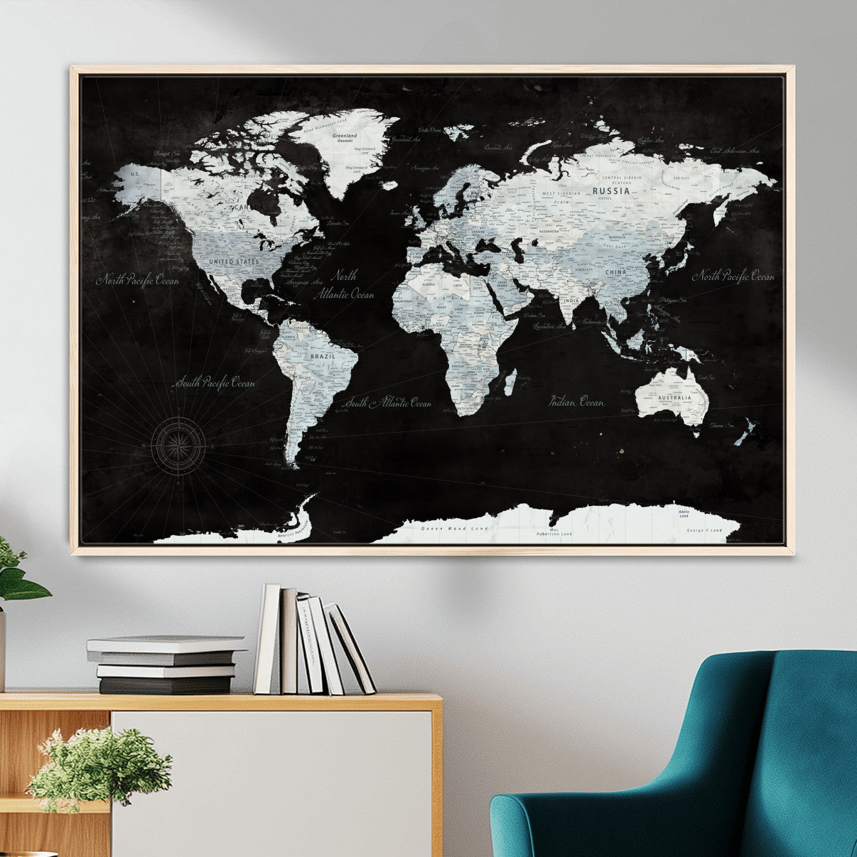 30759283-MGV-FC-36X24 - World Map Wall Art Canvas Print, Modern Decorative Framed Map Artwork Prints for Living Room, Office, Bedroom Wall Decor