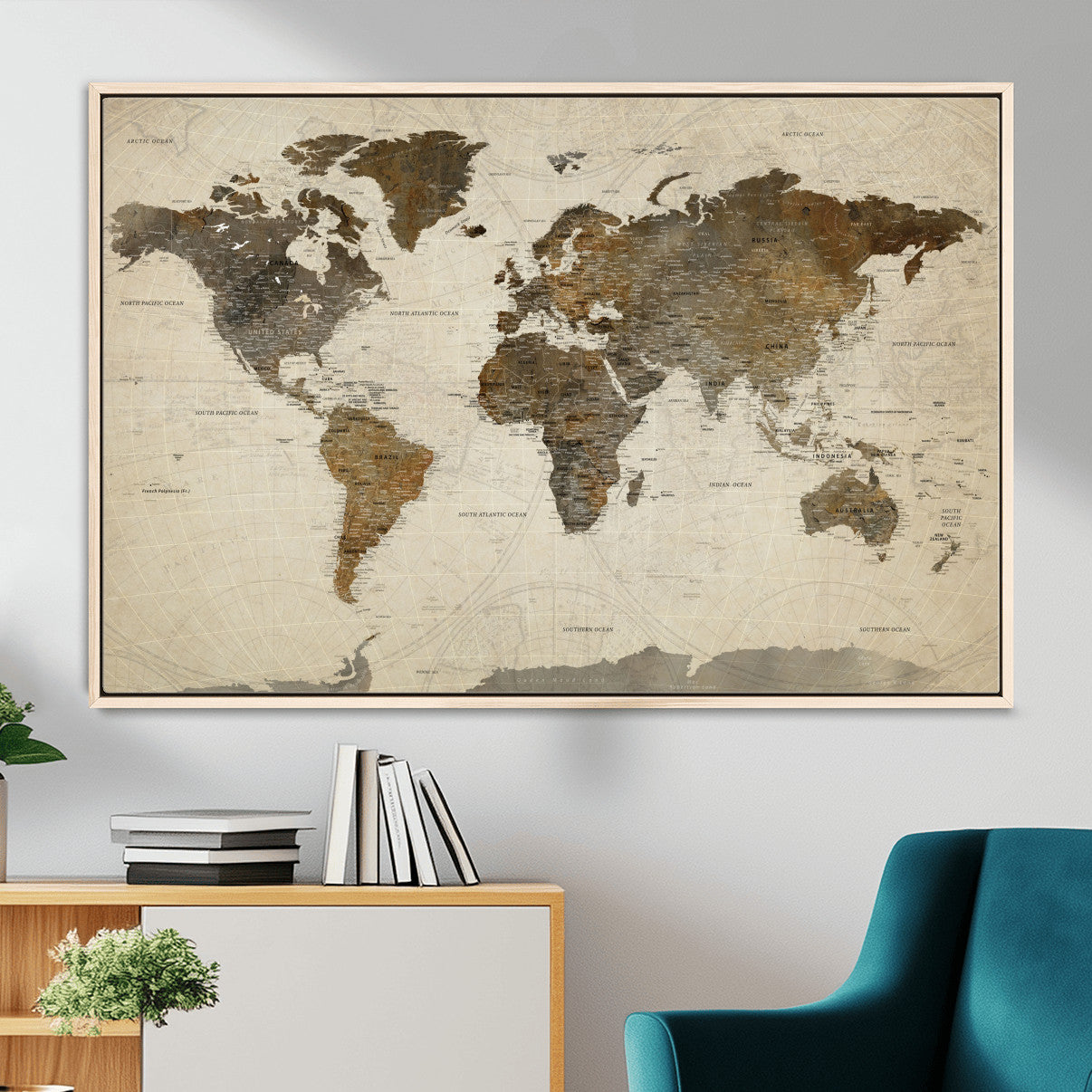 91849163-MGV-FC-36X24 - World Map Wall Art Canvas Print, Modern Decorative Framed Map Artwork Prints for Living Room, Office, Bedroom Wall Decor