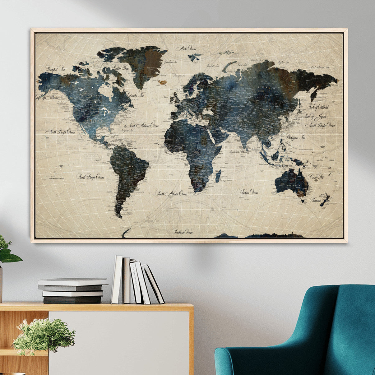 33438443-MGV-FC-36X24 - World Map Wall Art Canvas Print, Modern Decorative Framed Map Artwork Prints for Living Room, Office, Bedroom Wall Decor