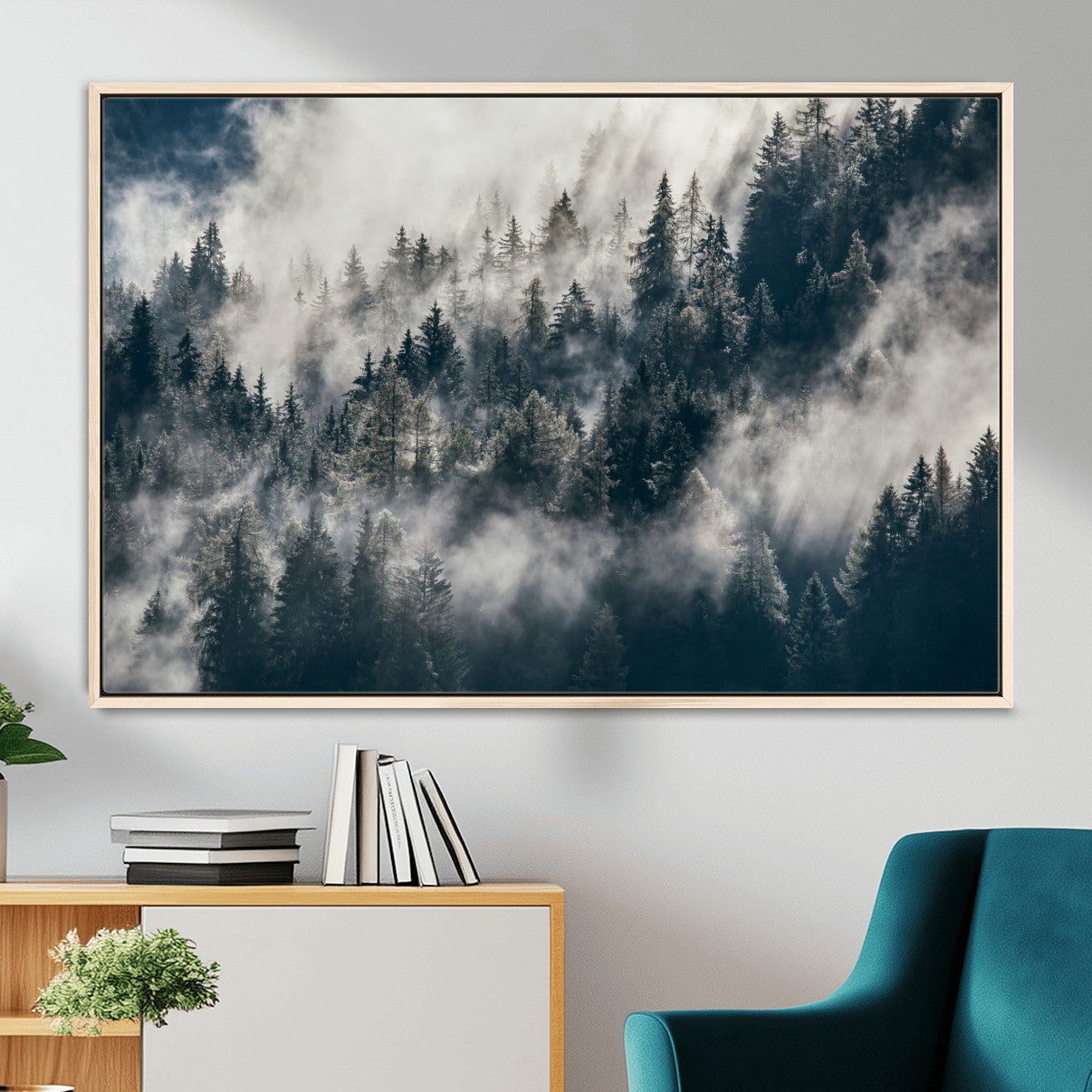 270372951-MGV-FC-36X24 - Misty Pine Forest Canvas Wall Art – Dark Forest Mountaing and Nature Landscape Print, Horizontal Canvas Print