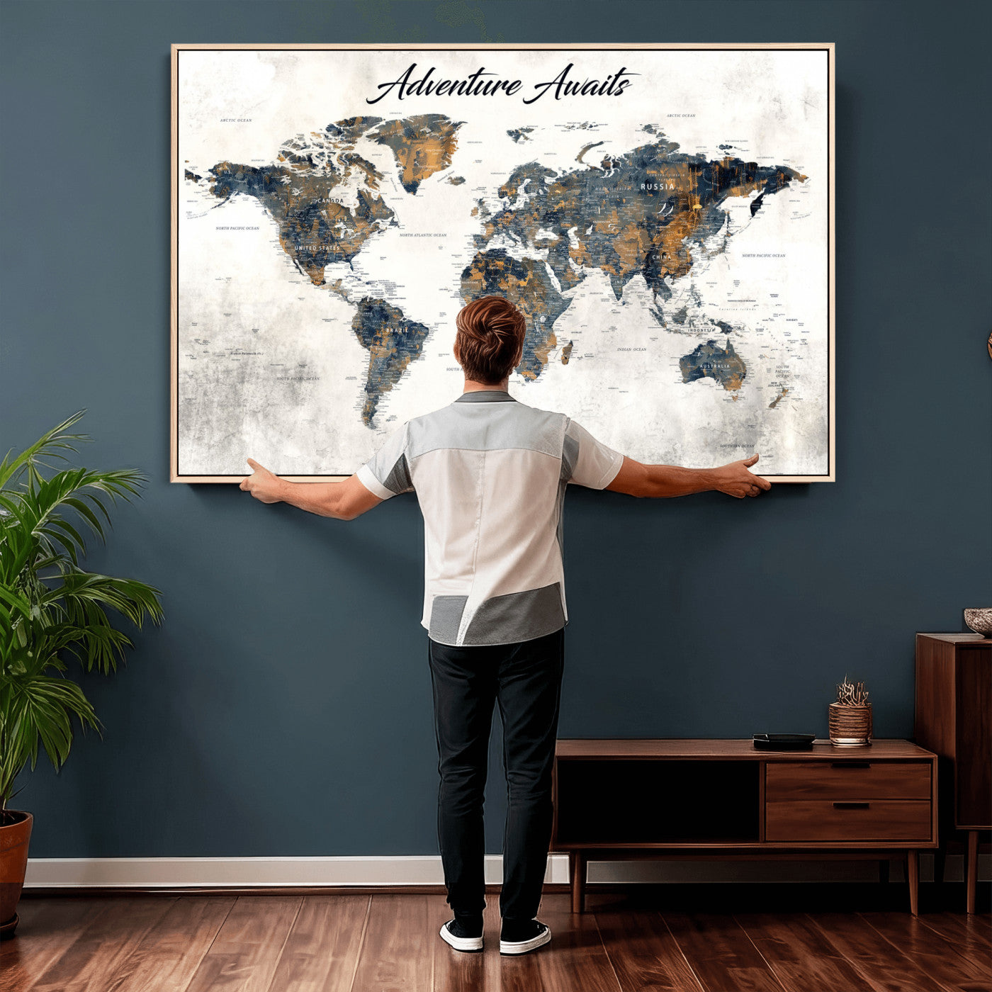 68986086-MGV-FC-36X24 - Customized Push Pin World Map Wall Art Canvas Print with Pins, Framed Personalize Travel Tracker Map, World Map for Office Decor