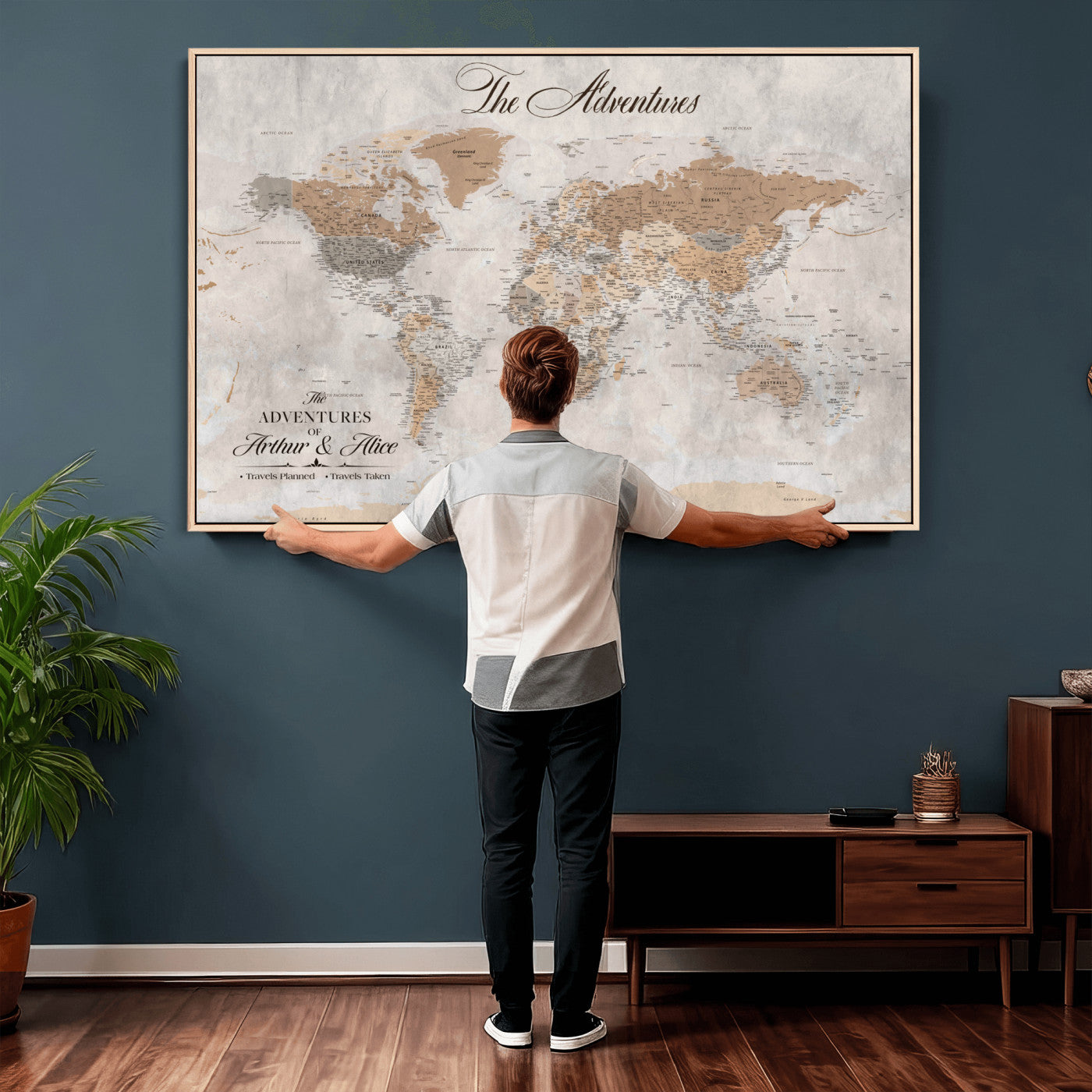 85771580-MGV-FC-36X24 - Custom Push Pin World Map Wall Art Canvas Print with Pins, Framed Personalize Travel Tracker Map, World Map for Living Room and Office Decor