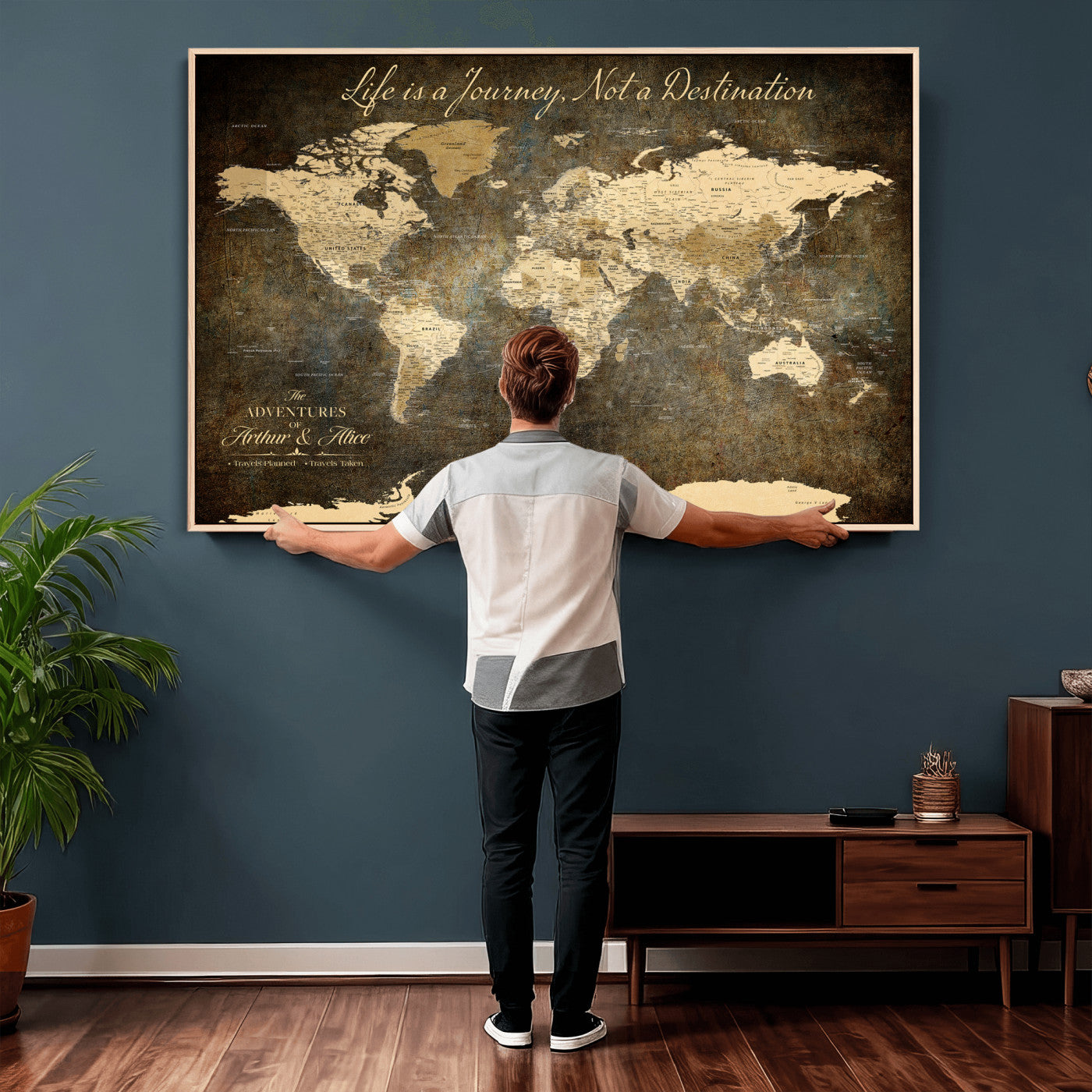 75877068-MGV-CV-36X24 - Custom Push Pin World Map Wall Art Canvas Print – Personalized Travel Tracker with Pins Framed Large for Home and Office Decor