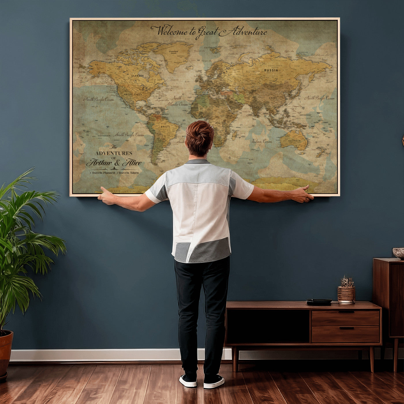 37903085-MGV-CV-36X24 - Custom Push Pin World Map Wall Art Canvas Print – Personalized Travel Tracker with Pins Framed Large for Home and Office Decor