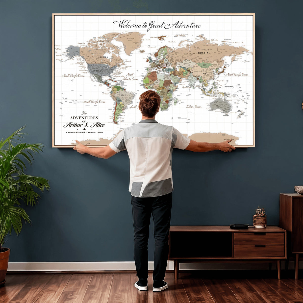 85396539-MGV-CV-36X24 - Custom Beige Push Pin World Map Wall Art, Bucket List Map, Study and Hallway Decor