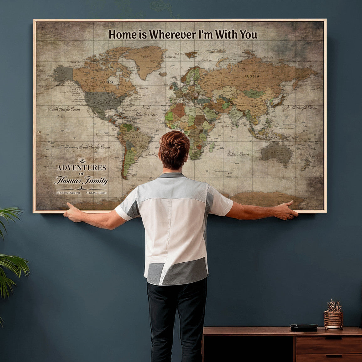 22593671-MGV-CV-36X24 - Custom Push Pin World Map Wall Art Canvas Print – Personalized Travel Tracker with Pins Framed Large for Home and Office Decor