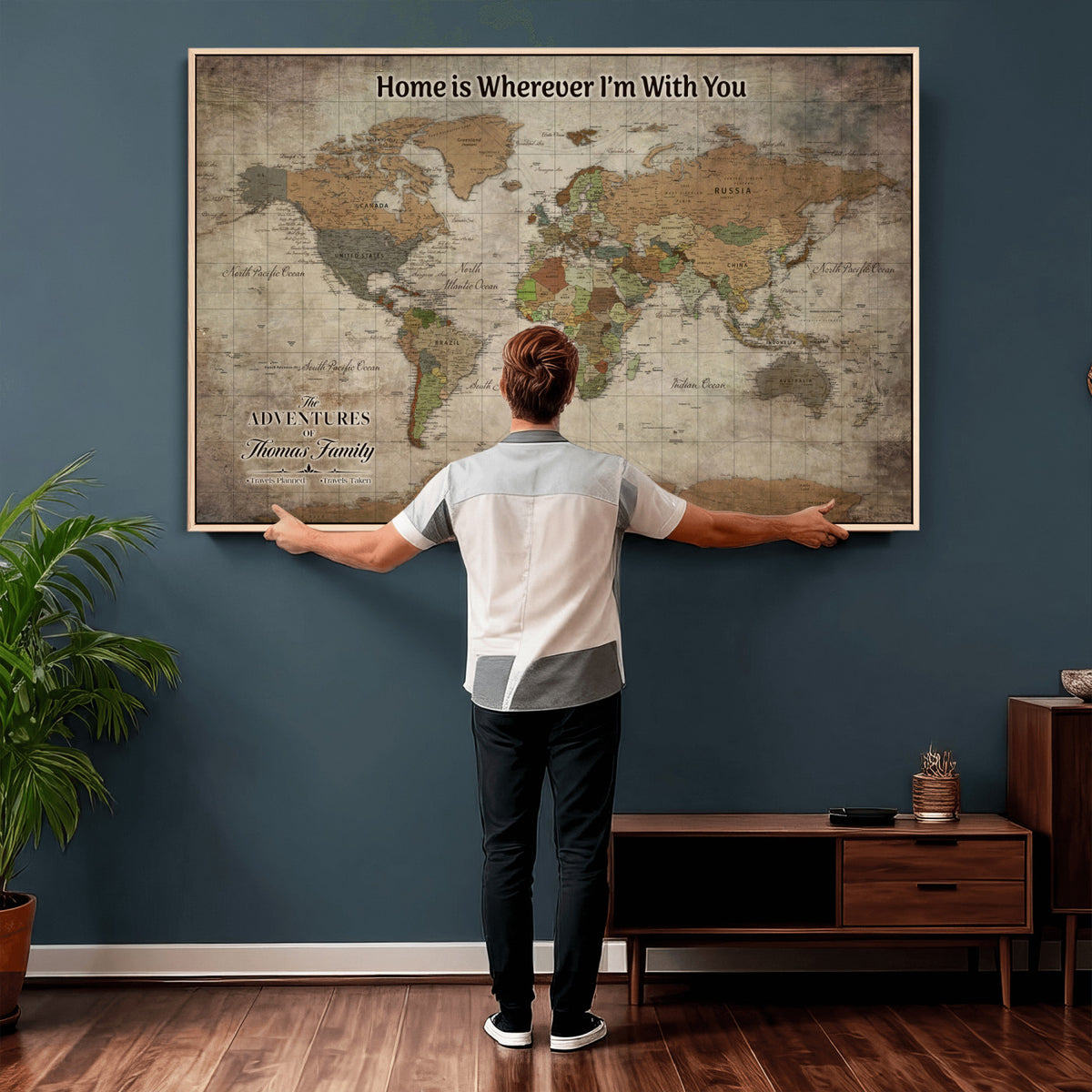 22593671-MGV-CV-36X24 - Personalized Beige Geometric World Map Canvas with Push Pins, Next Trip Planner Map, Study and Entryway Decor