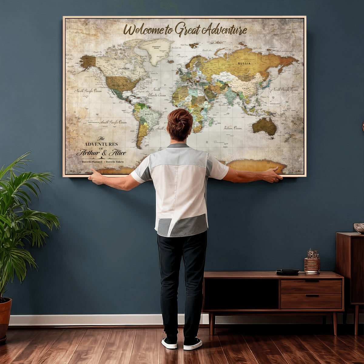 33043195-MGV-CV-36X24 - Personalized Beige World Travel Map Wall Art with Pins, Family Travel Tracker, Family Room and Study Decor