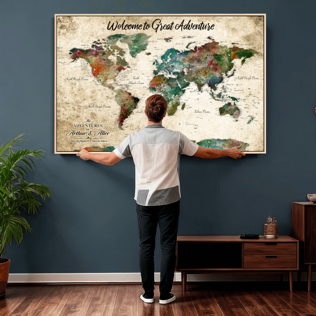 89225601-MGV-CV-36X24 - Personalized Beige Grunge World Map Canvas with Push Pins, Next Trip Planner Map, Family Room and Home Office Decor